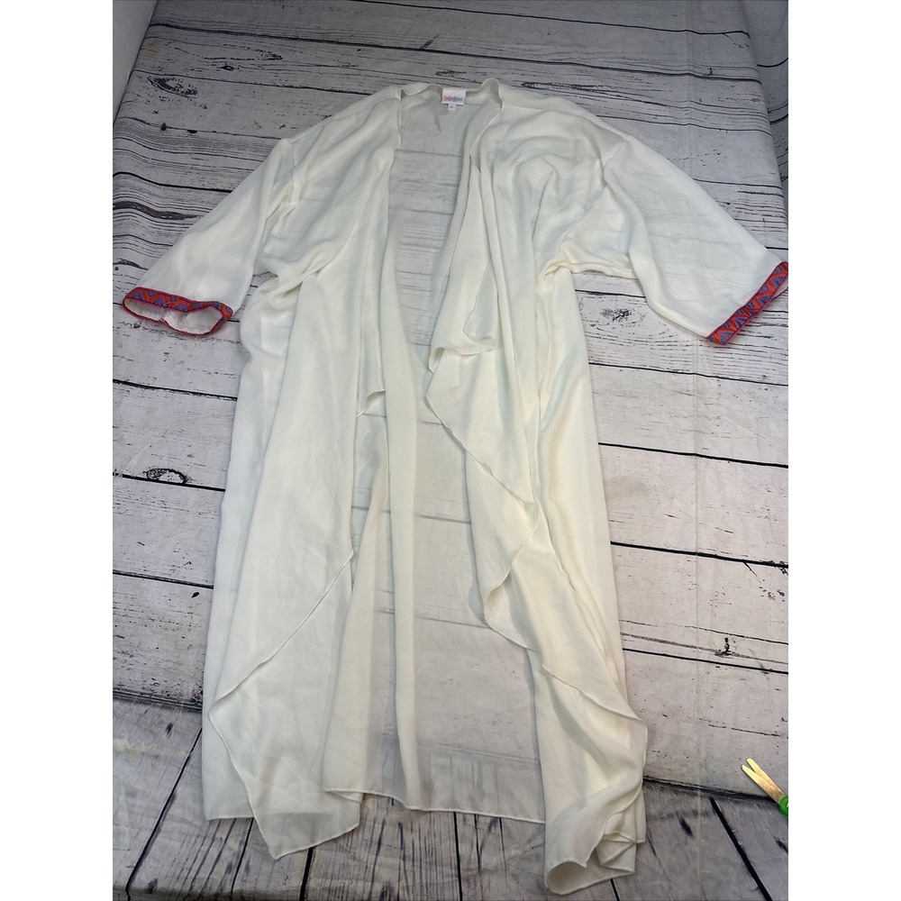 LuLaRoe Shirley Kimono Cardigan Large White Chiffon Embroidered Trim Open Front